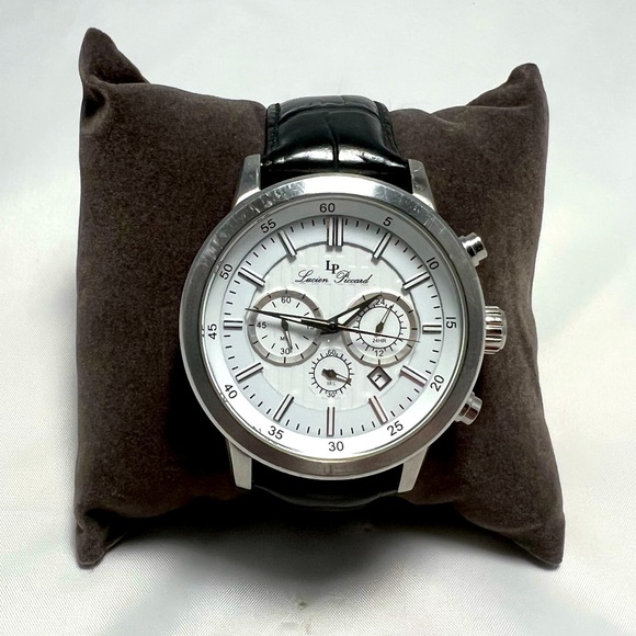 Lucien Piccard Other - Lucien Piccard 12011 Black Leather Men's Chronograph Watch with White Face